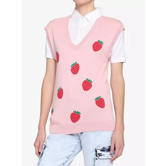 Hot Topic Sweaters - Hot Topic Strawberry Sweater Vest Pink Kawaii Lolita Preppy Womens Small Shirt